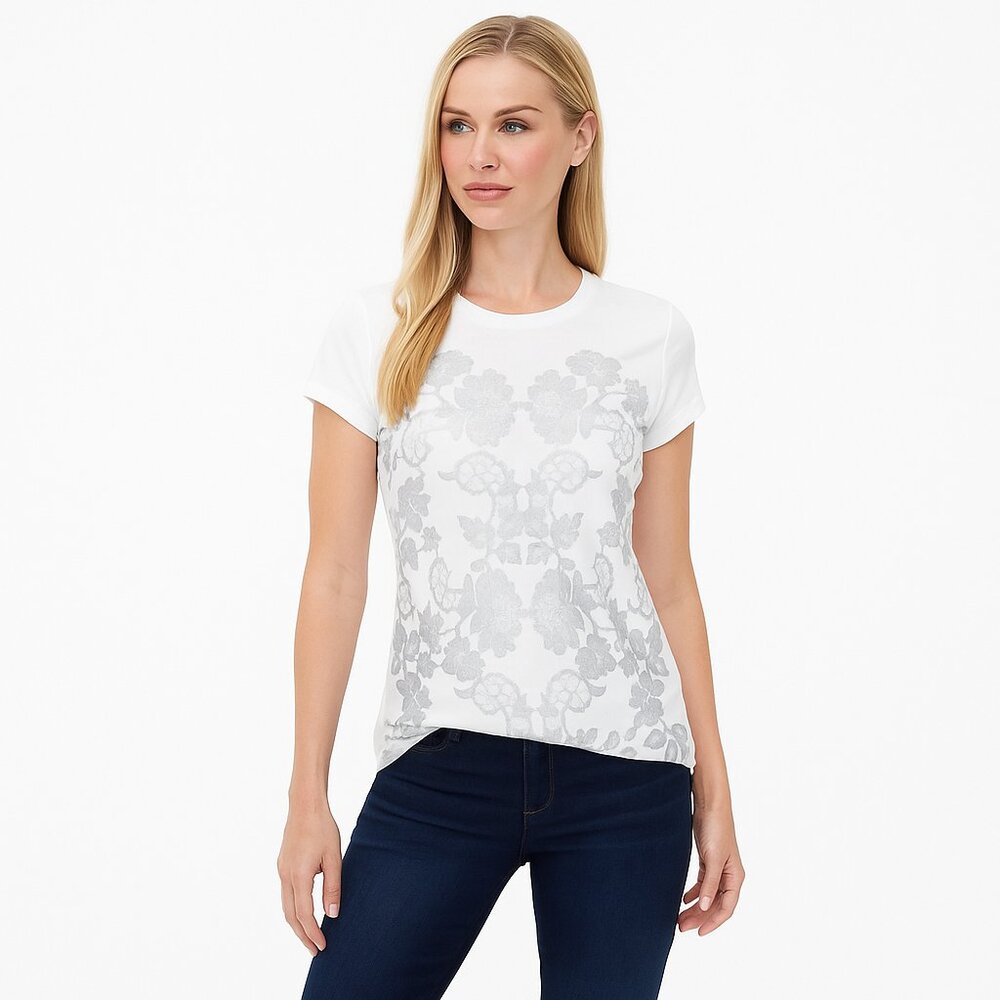 NWT White House Black Market Crew Lace Print Tee Ecru w/ Silver Foil #WHBM34